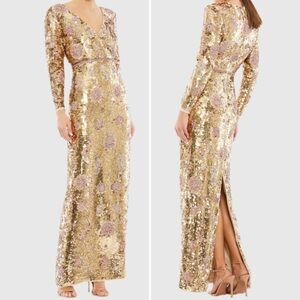 Mac Duggal Gold Embellished Wrap Over Long Sleeve Column Gown #93615 - 12